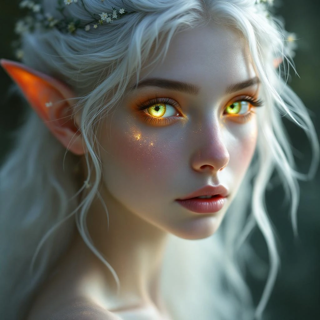 Fae romance character, an ethereal fae warrior in an enchanted forest