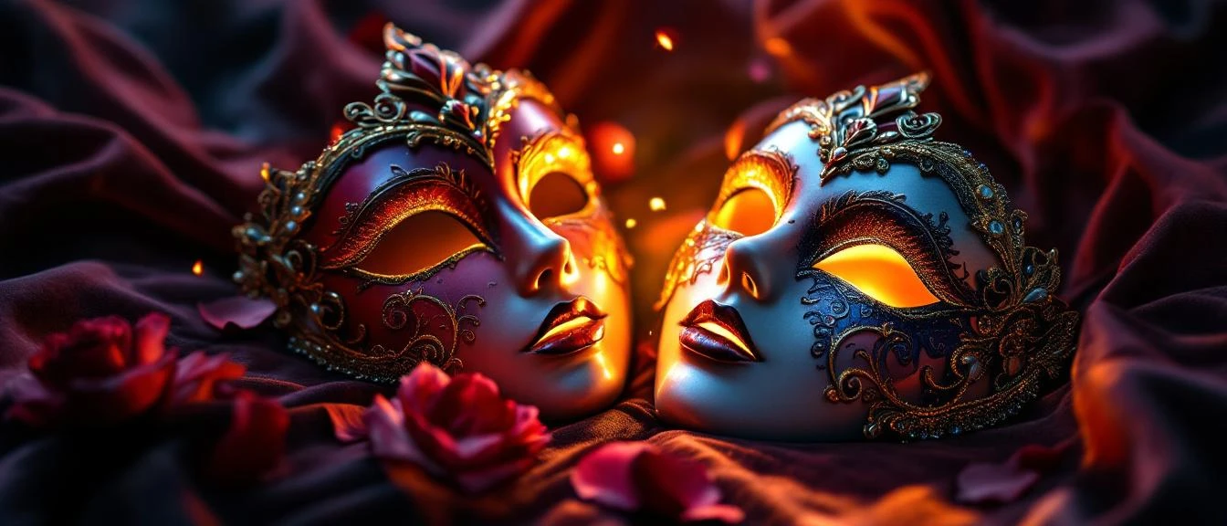 Hidden identity romance, a masked figure at a fantasy masquerade ball