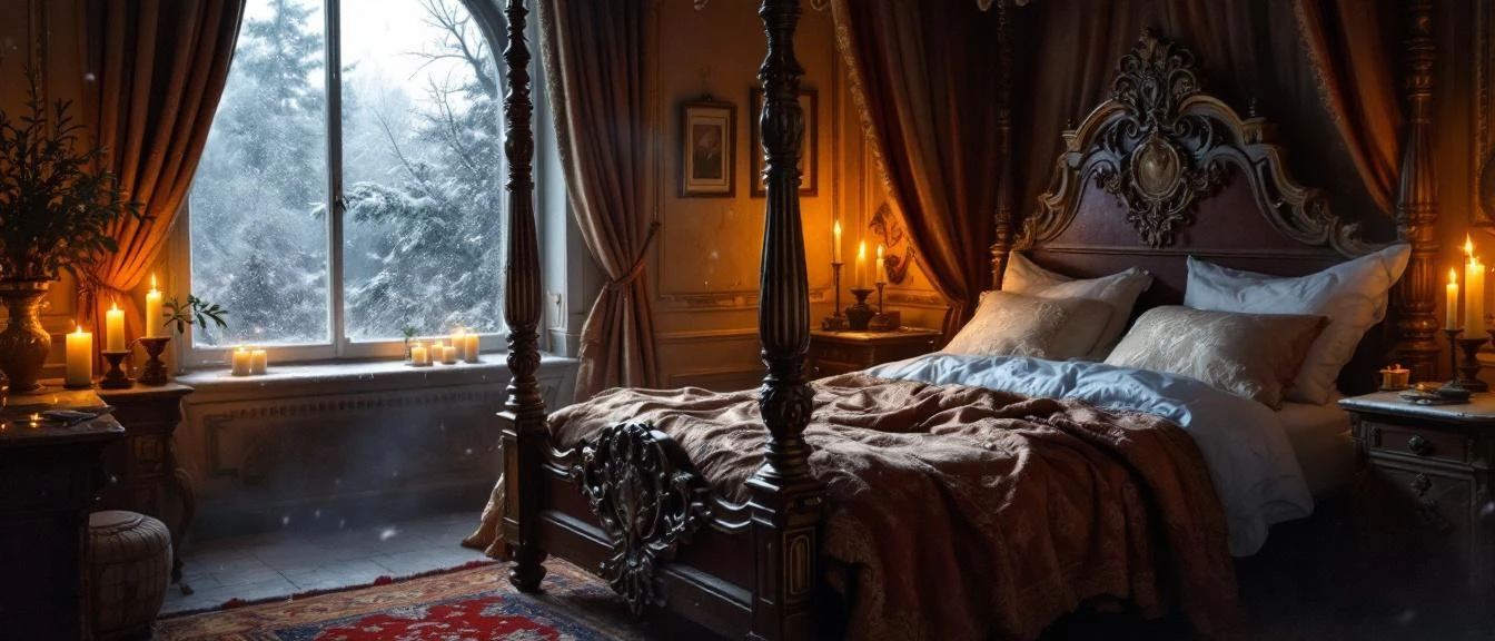 Only one bed romance trope, a moonlit chamber with a single canopy bed