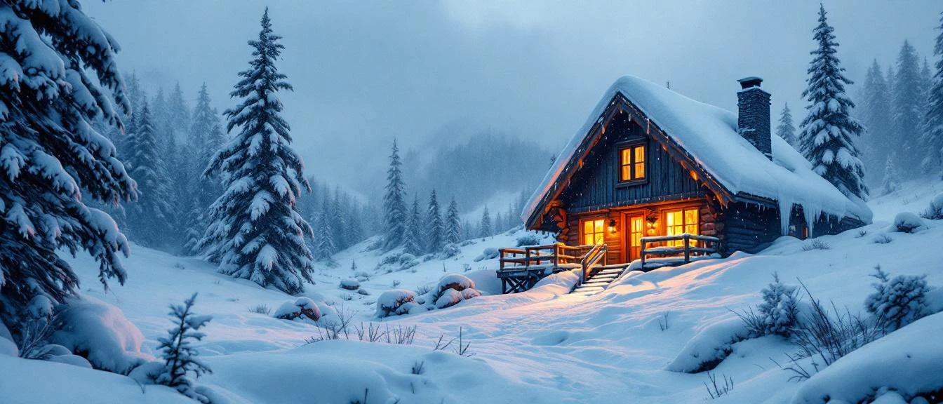 Snowed in romance, two characters stranded in a frozen mountain cabin